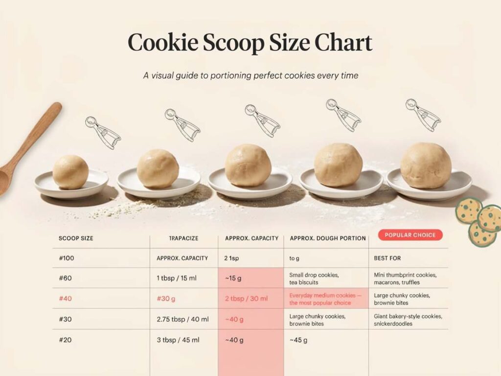 Cookie scoop size chart showing common scoop sizes and dough portions for baking.