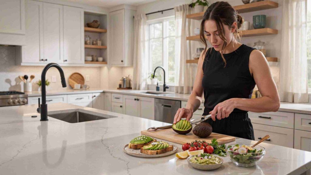 Woman using an avocado tool for kitchen to slice a ripe avocado.