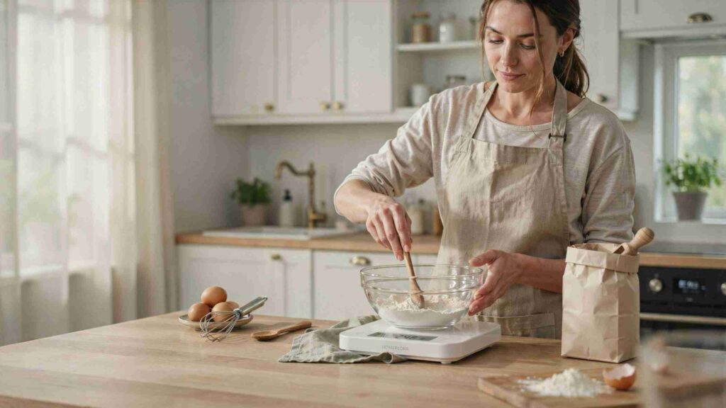 Woman using the best digital kitchen scale to weigh flour while baking at home.