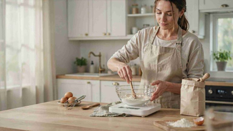 Woman using the best digital kitchen scale to weigh flour while baking at home.