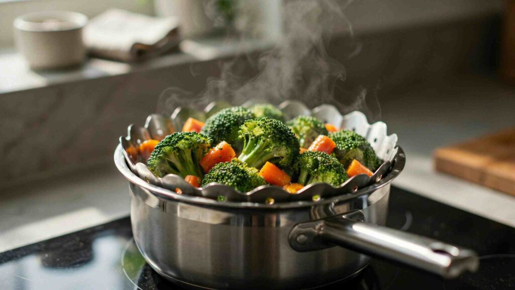 stainless steel expandable steamer basket steaming vegetables in a pot.