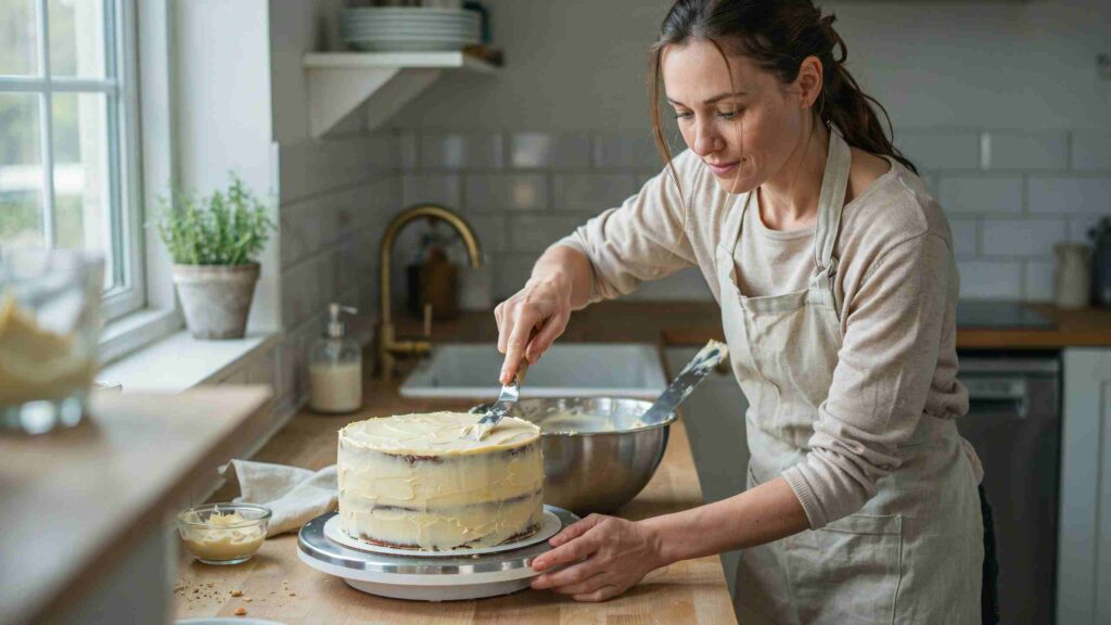Home baker applying smooth buttercream frosting to a layered cake on a rotating decorating stand in a bright kitchen.