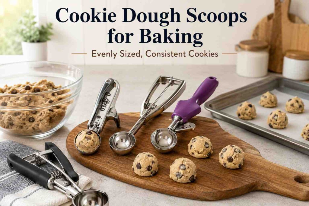 Cookie dough scoops and evenly portioned cookie dough for baking.