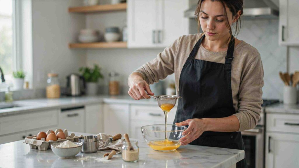 Woman using an egg separator to separate egg yolk and white in a modern kitchen.