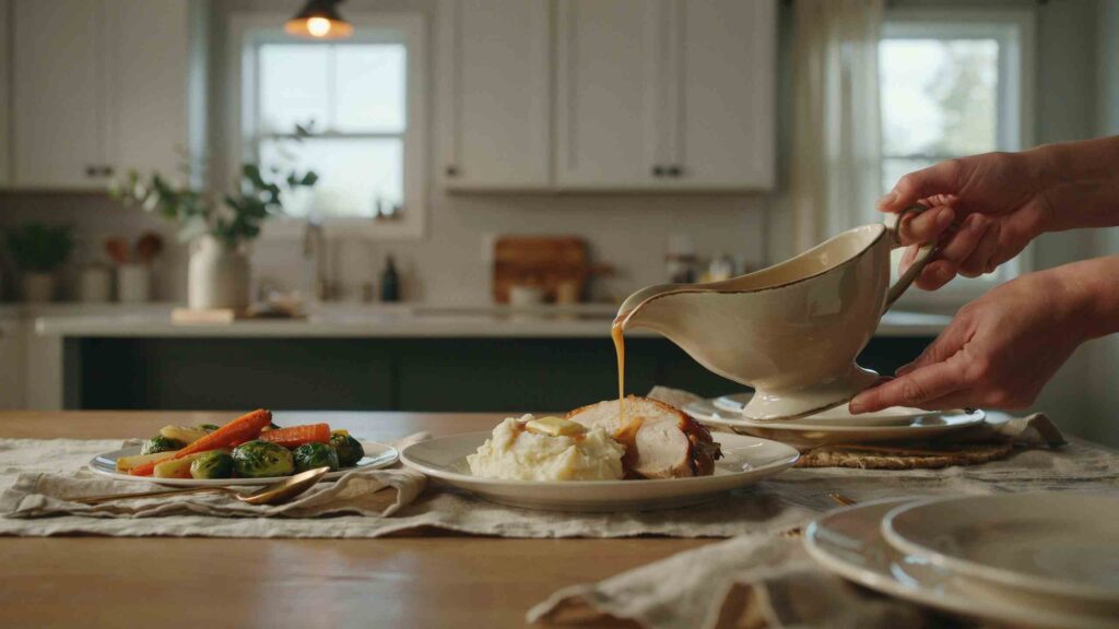 A gravy boat serving rich sauce over a beautifully plated holiday meal.