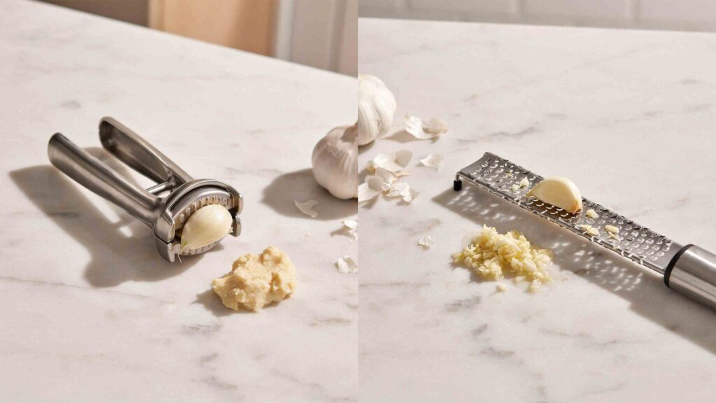 Close-up of a hand gripping a garlic clove by its root end while dragging it across a microplane grater.