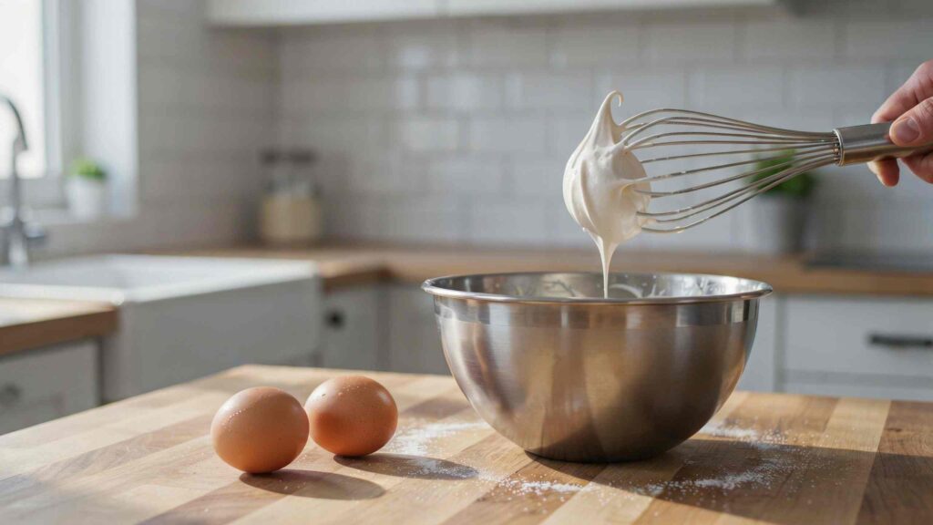 Whisk lifting a glossy stiff peak of meringue next to a room-temperature egg in a home kitchen.