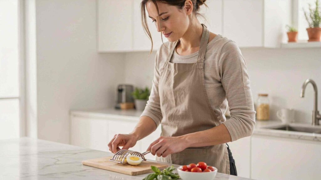 Woman slicing a hard-boiled egg with a stainless steel egg slicer on a marble kitchen countertop.