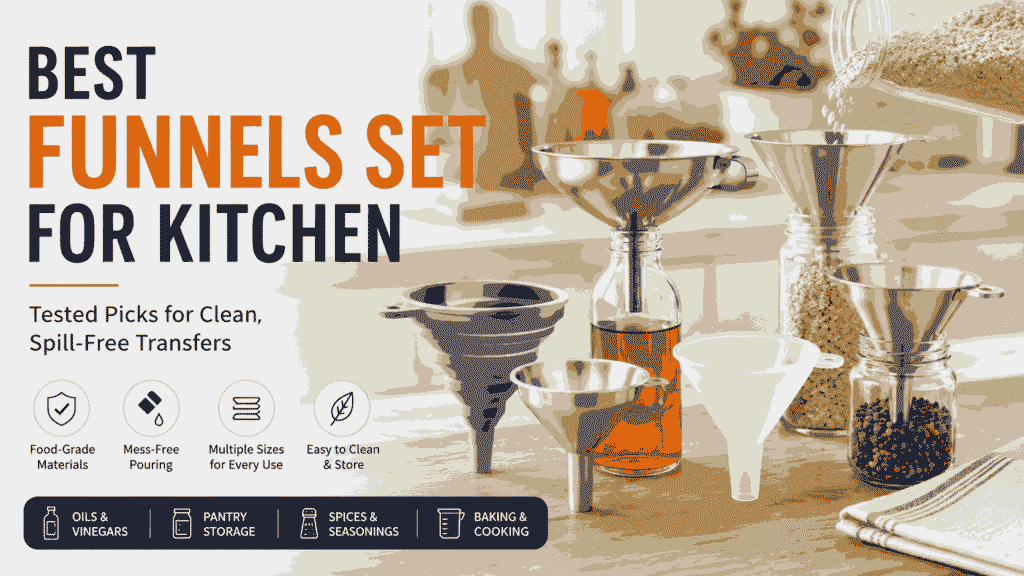 Collection of the best funnels set for kitchen use with metal, silicone, and plastic funnels on a modern countertop.