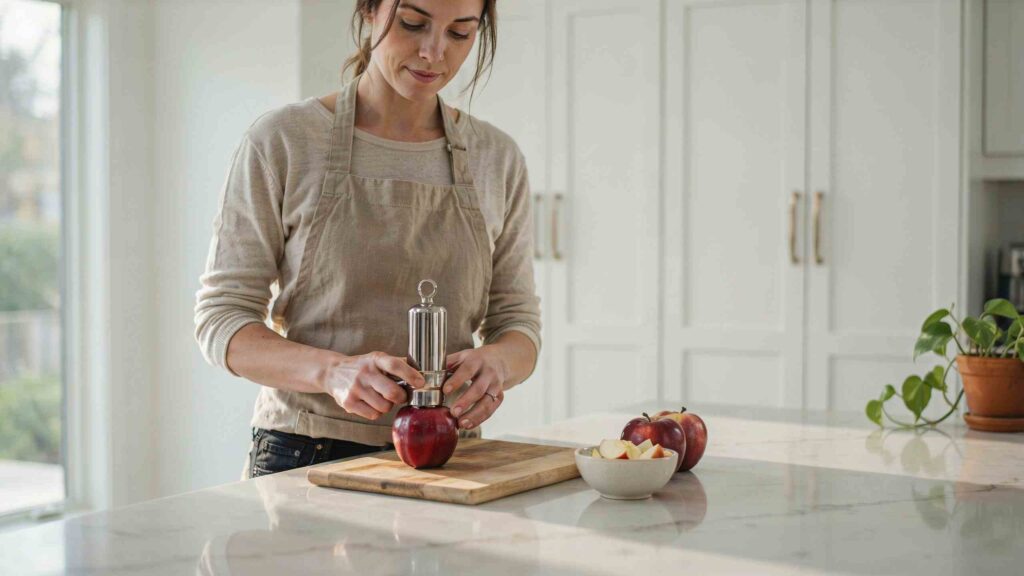 Woman using a stainless steel apple corer to core a fresh red apple on a wood cutting board.