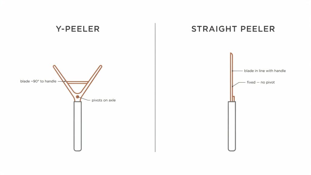 Diagram comparing a Y-peeler's pivoting blade to a straight peeler's fixed, in-line blade.