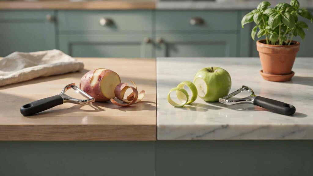 A Y-peeler rests beside a freshly peeled potato, while a straight peeler sits next to a peeled apple on a sleek modern kitchen countertop.