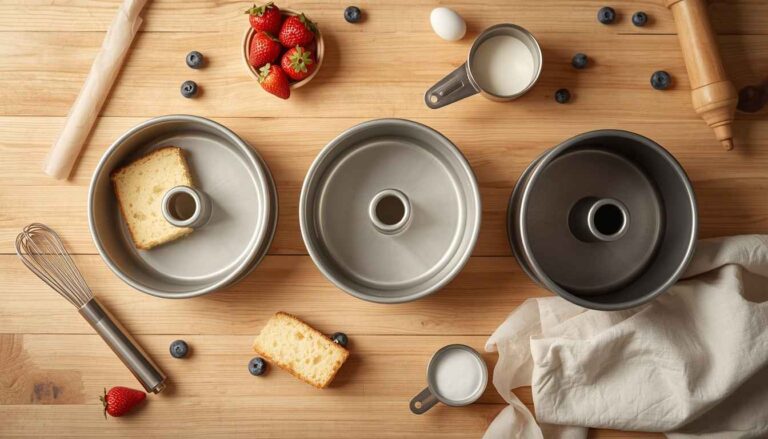 Angel food cake pan displayed with freshly baked angel food cake and baking ingredients.