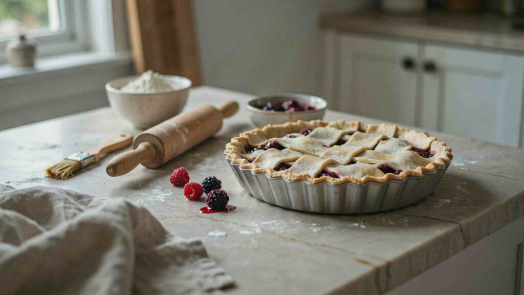 Homemade fruit pie in a fluted baking pan with rolling pin and flour.
