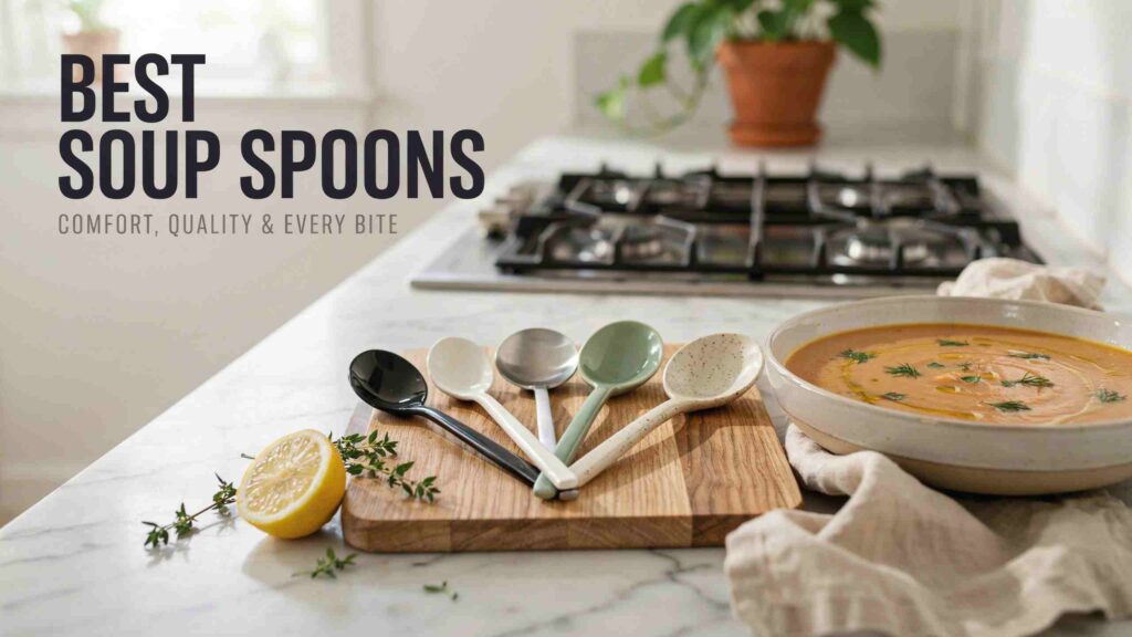 Soup spoons arranged on a wooden board in a modern kitchen beside a bowl of creamy soup.
