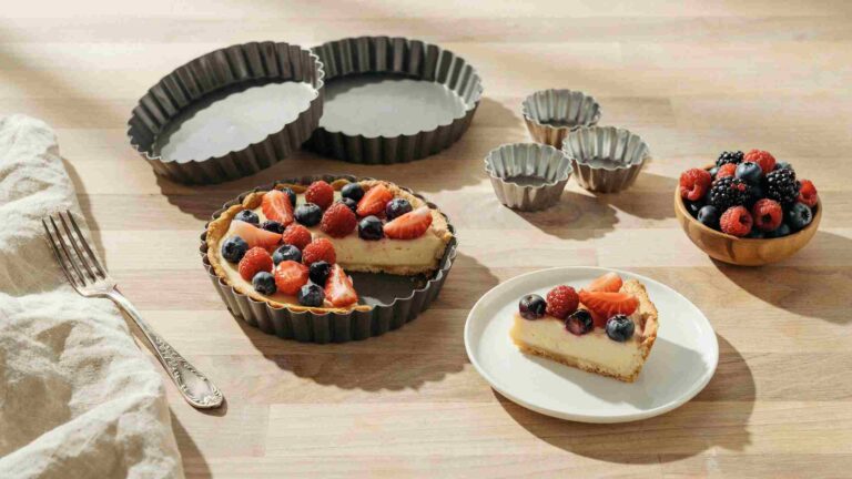 Three tart pans on a wooden counter, including a round fluted tart pan with its removable bottom pulled halfway out, next to a sliced fruit tart with a clean, uncracked crust.