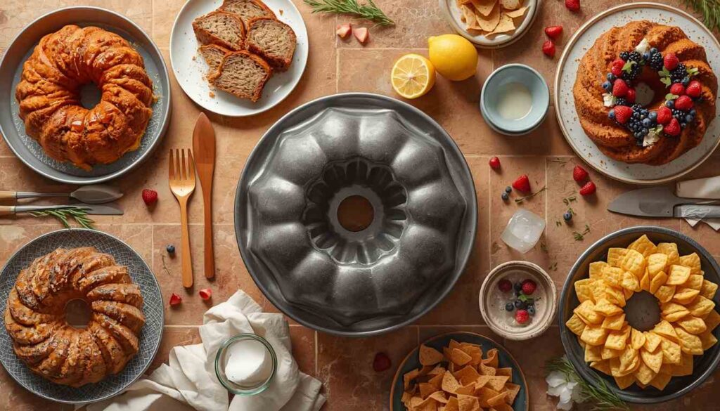 A Bundt pan surrounded by savory meatloaf, monkey bread, jello, stuffing, an ice ring, nachos, and a layered chilled dessert.