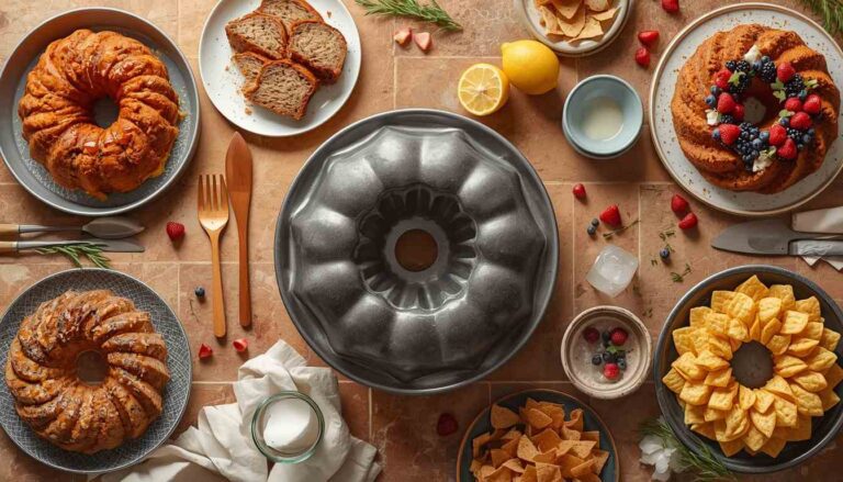 A Bundt pan surrounded by savory meatloaf, monkey bread, jello, stuffing, an ice ring, nachos, and a layered chilled dessert.