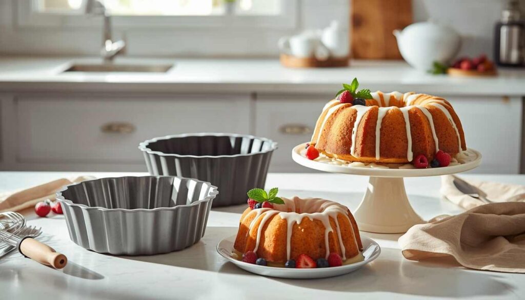 Assorted fluted cake pans with a freshly glazed golden cake on a ceramic stand in a bright kitchen.