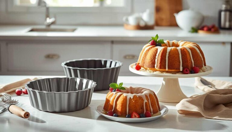 Assorted fluted cake pans with a freshly glazed golden cake on a ceramic stand in a bright kitchen.