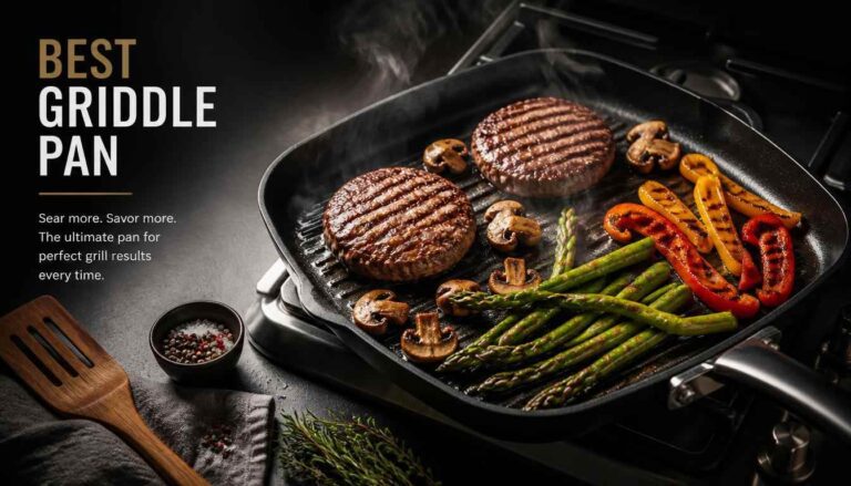 Sizzling burgers and vegetables cooking on a ridged cast iron pan.
