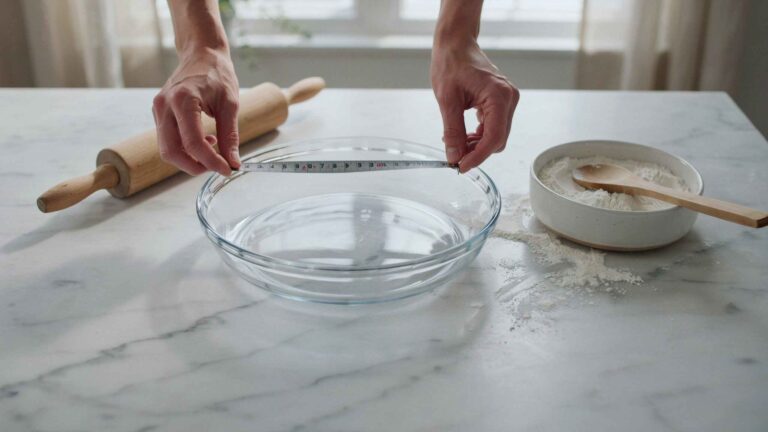 Tape measure laid across the inside rim of a glass pie pan to check its diameter.