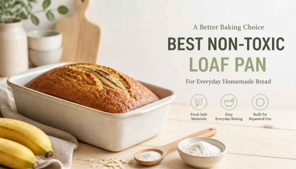 Ceramic loaf pan with freshly baked banana bread on a wooden kitchen table.