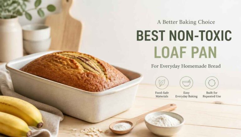 Ceramic loaf pan with freshly baked banana bread on a wooden kitchen table.