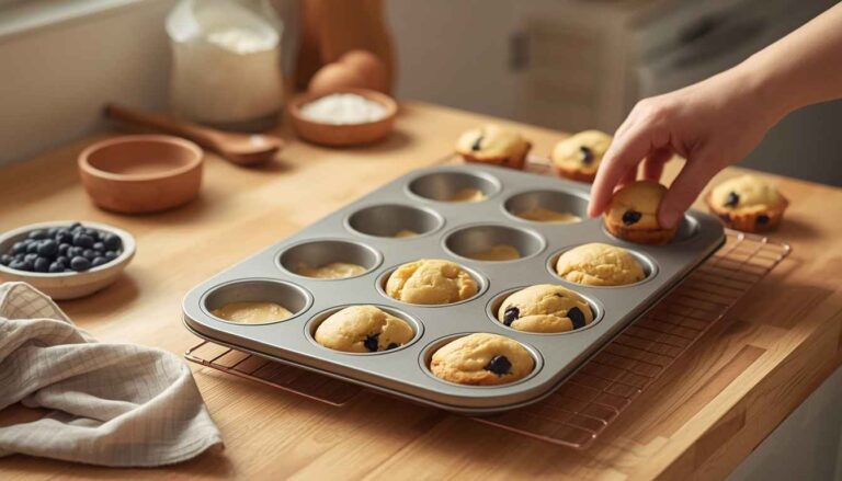 12-cup muffin pan filled with batter beside freshly baked blueberry and chocolate-chip muffins.