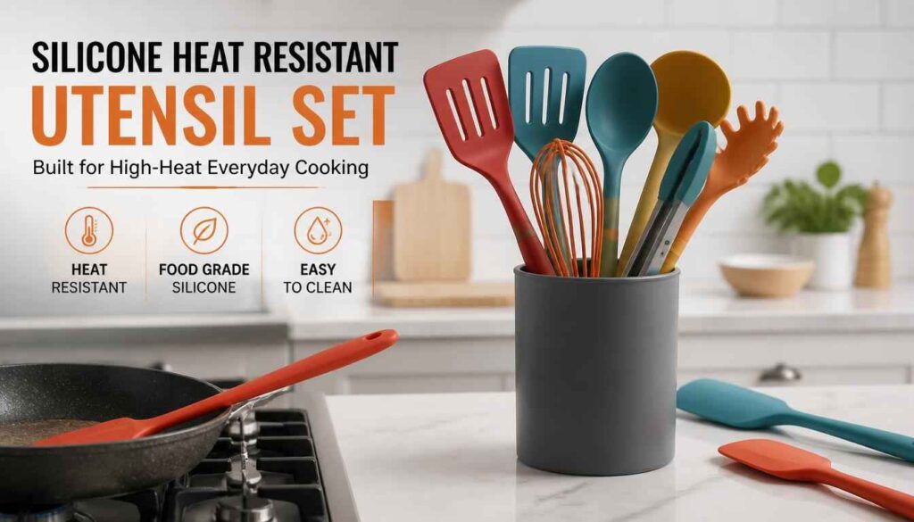 Silicone heat resistant utensil set with spatula, ladle, tongs, whisk, and spoons in a modern kitchen.