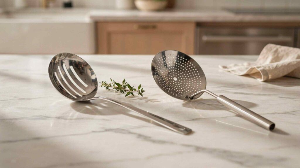 Side-by-side comparison of a stainless steel slotted spoon and a wire mesh skimmer on a kitchen countertop.