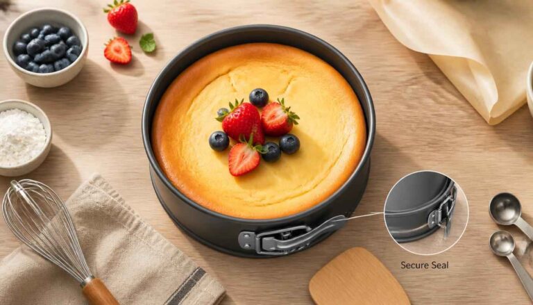 Dark gray springform pan with cheesecake, fresh berries, and baking tools arranged on a wooden kitchen table.