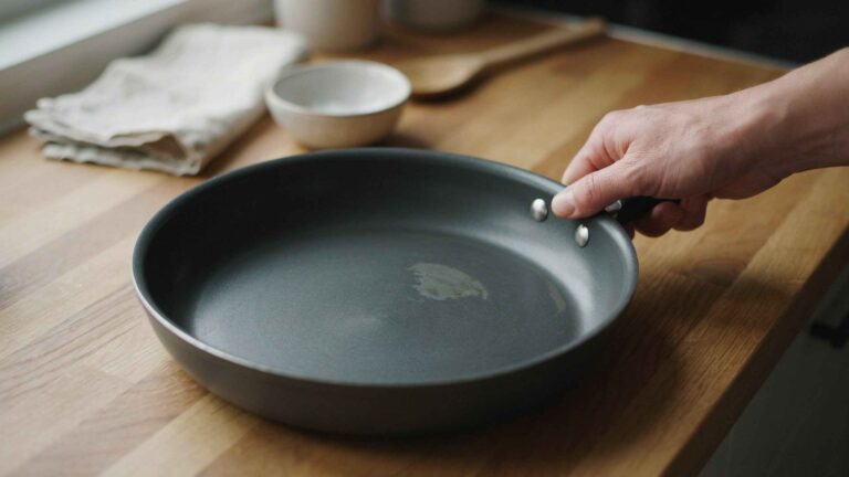 Fingertip pressed along the rim of a non-stick frying pan checking for lifted coating.