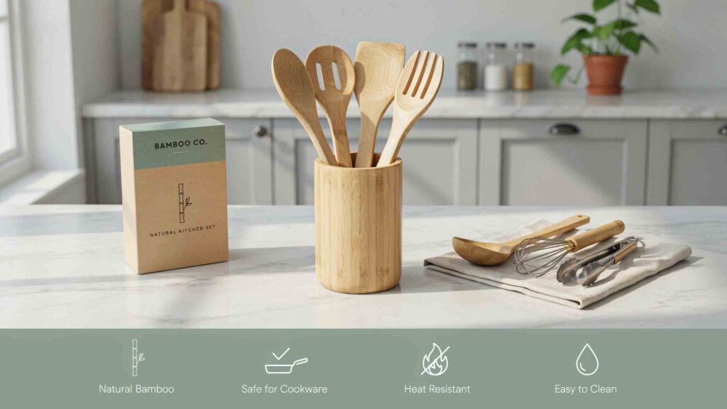 Premium wooden and bamboo utensil set with a bamboo holder displayed on a modern kitchen countertop alongside eco-friendly packaging.