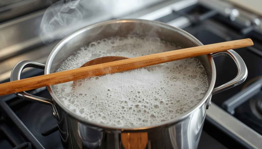 Wooden spoon across a pot to help prevent boiling over