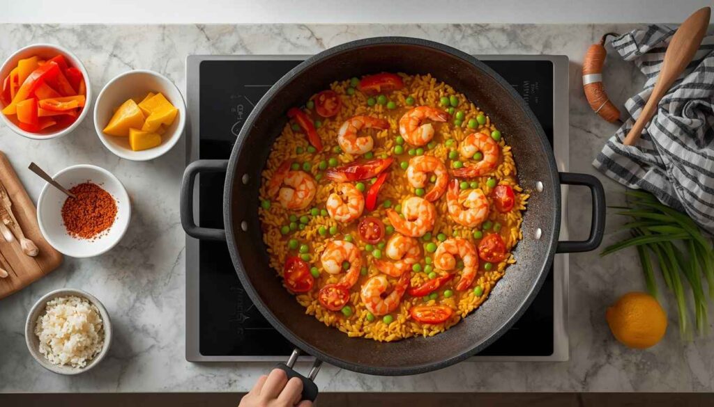 Beginner cooking paella in a wide paella pan on a stovetop.