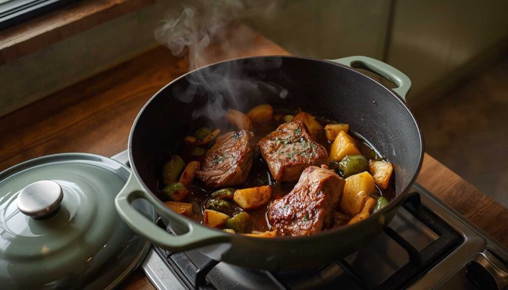 Enameled cast iron braiser pan searing short ribs and vegetables on a gas stovetop.