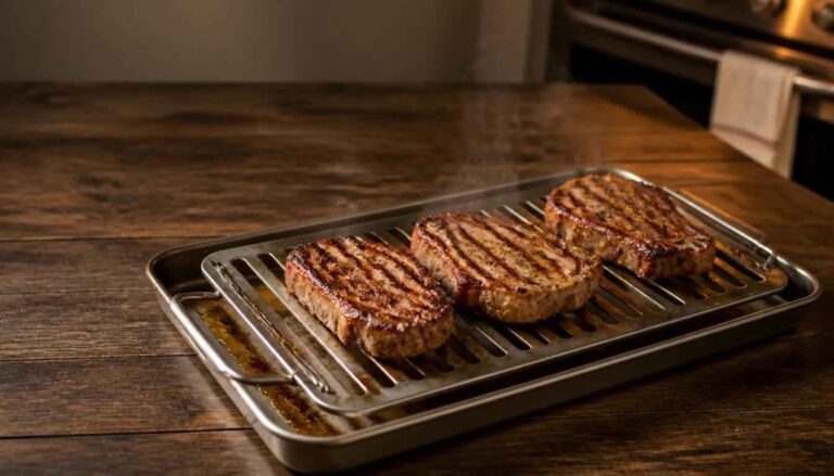 Two-piece broiler pan with slotted rack searing a steak, part of testing for the best broiler pan for oven use under real 500°F+ heat.
