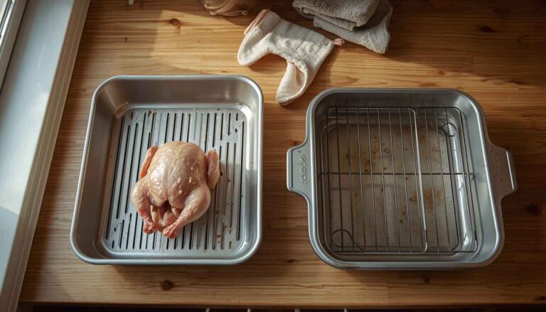 Shallow broiler pan and deep roasting pan with rack side by side in a home kitchen, showing the depth and design difference between the two.