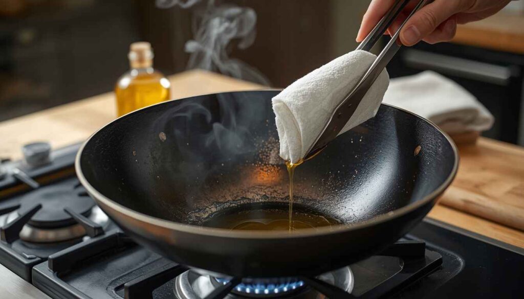 Thin oil coating smoking on a carbon steel wok during seasoning.