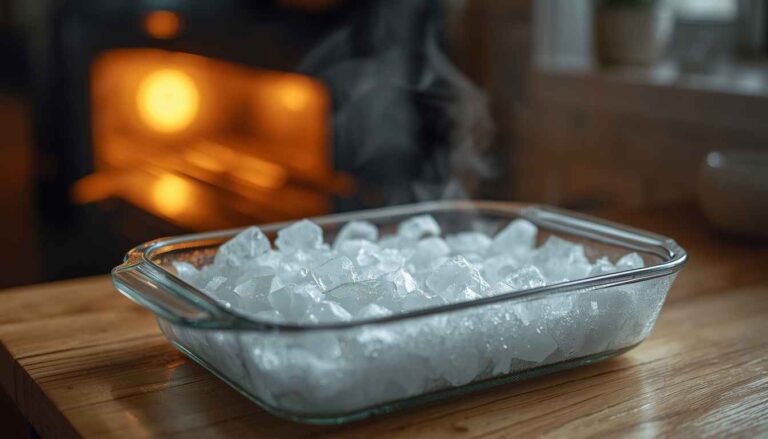 Frosted glass casserole dish beside a warm oven, showing the freezer-to-oven transition.
