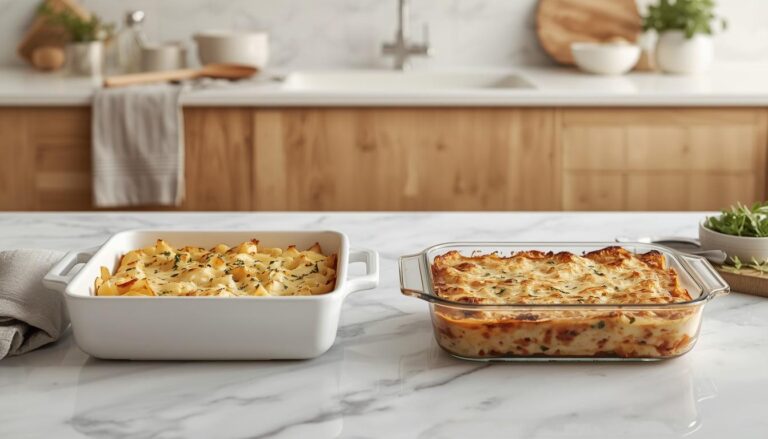 Ceramic and glass baking dishes filled with freshly baked casseroles on a kitchen countertop.