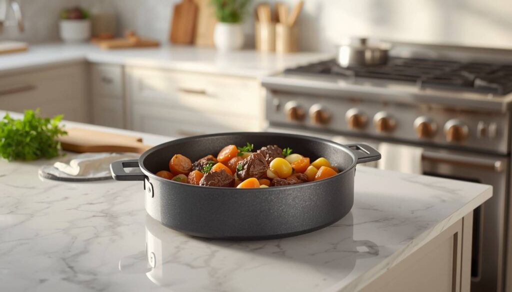 Deep stainless steel braising pan with tender beef, vegetables, and herbs in a modern kitchen.