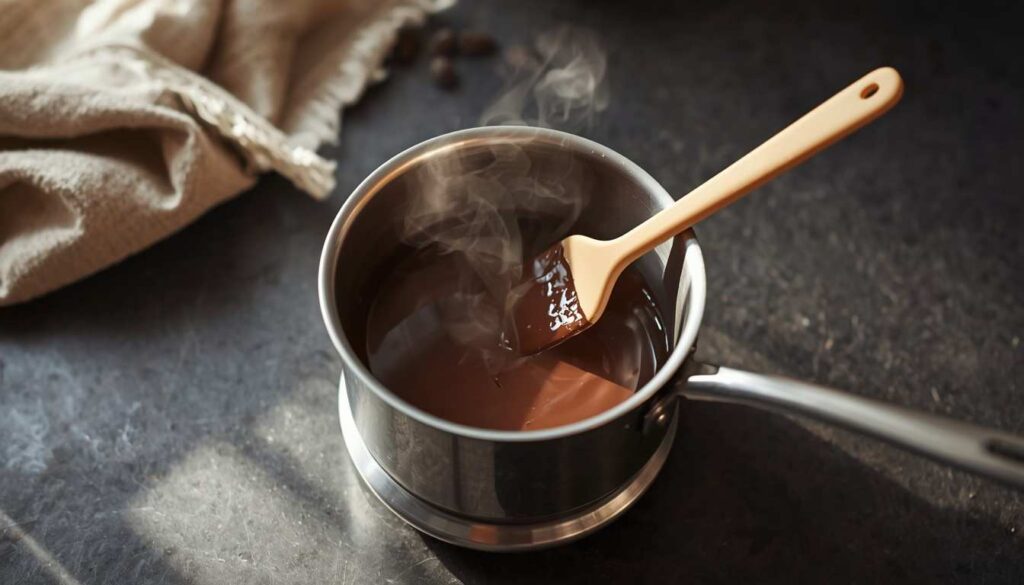 Stainless steel double boiler pot melting chocolate, with steam rising between the base and insert on a stovetop.
