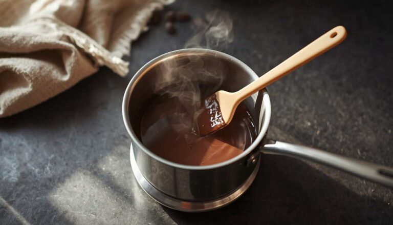 Stainless steel double boiler pot melting chocolate, with steam rising between the base and insert on a stovetop.