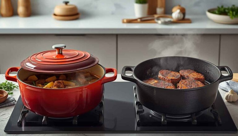 Deep lidded pot cooking stew beside an open cast iron pot searing steak.