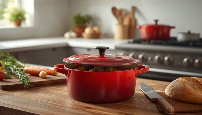Dutch ovens for cooking with stew and fresh bread.