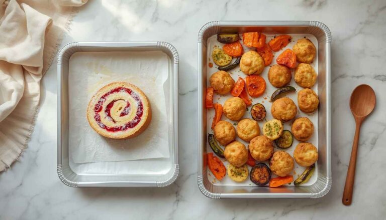 Jelly roll pan with a sliced jelly roll cake beside a larger half sheet pan of roasted vegetables and cookies.