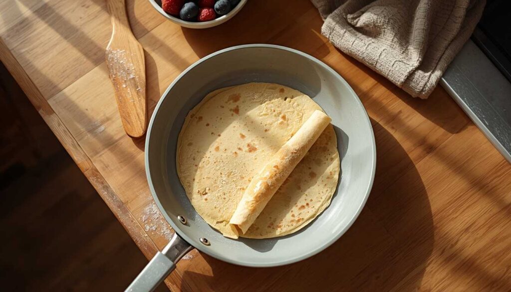 Golden crepe folded inside a non-toxic ceramic crepe pan on a wooden kitchen countertop.