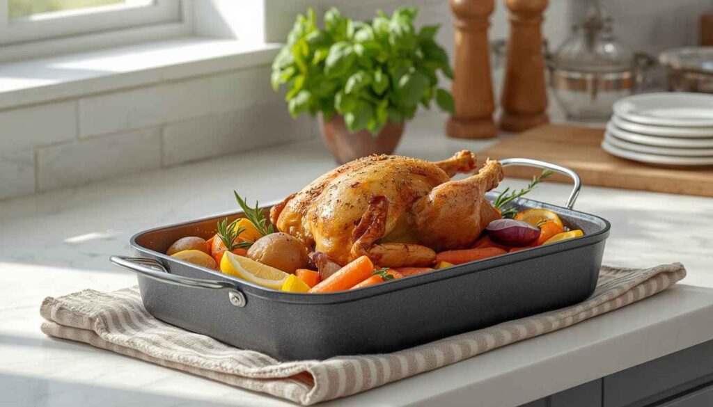 Safe cookware roasting pan with herb-roasted chicken and vegetables